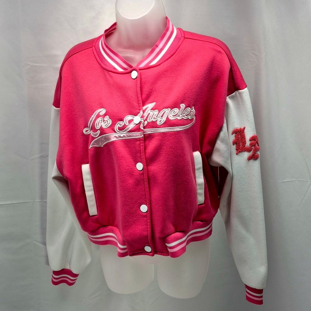 Common Stitch Women's Los Angeles LA Varsity Bomber Jacket Pink White Large